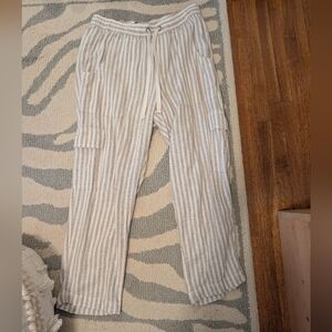 Anthropologie Beige and White Striped Drawstring Capris